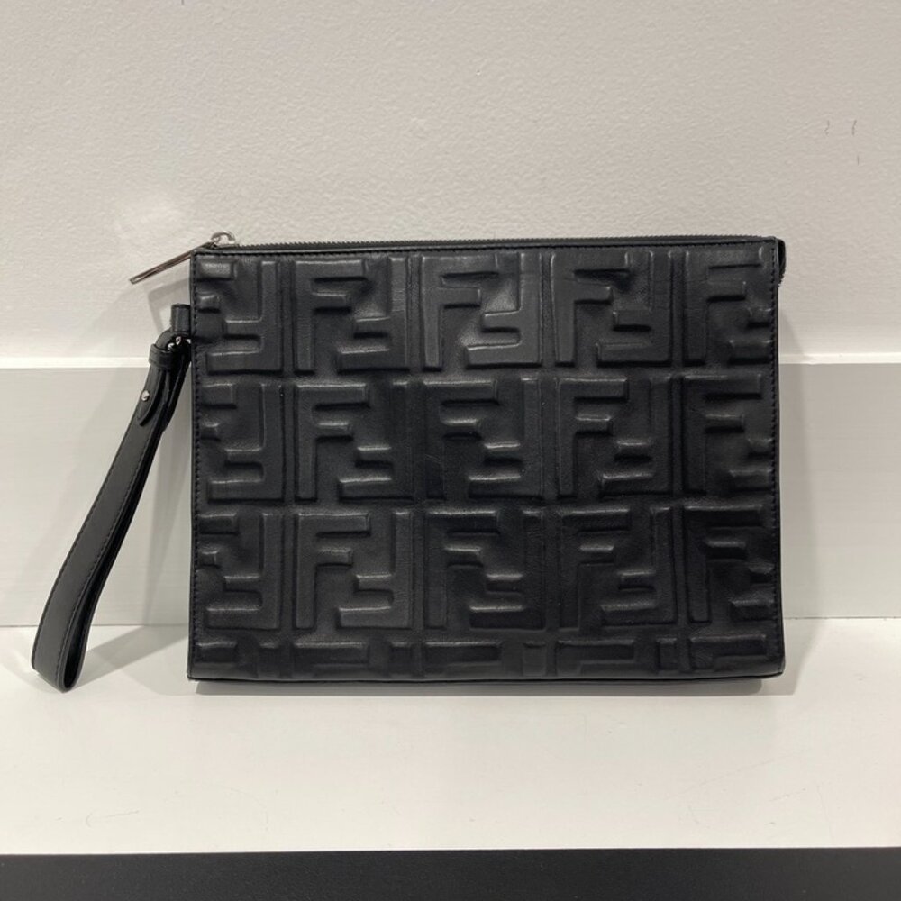 Fendi Vitello Grace Zucca Embossed FF 1974 Embossed Flat Pouch Black (JB1128)